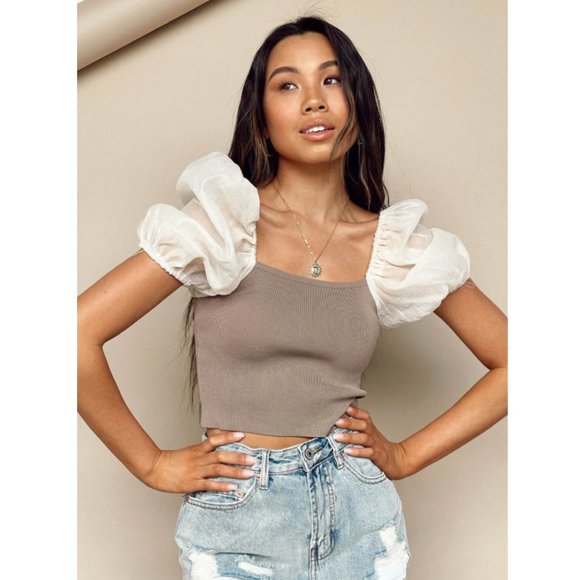 Tops - Stunner Sheer Puff Short Sleeve Apricot Top